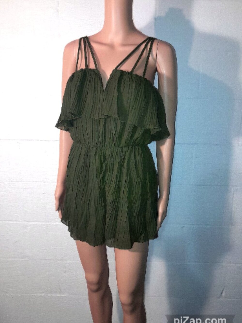 Charlotte Russe Womens Small Green Romper Ruffle Strap Pleated Wide Leg Zip Back